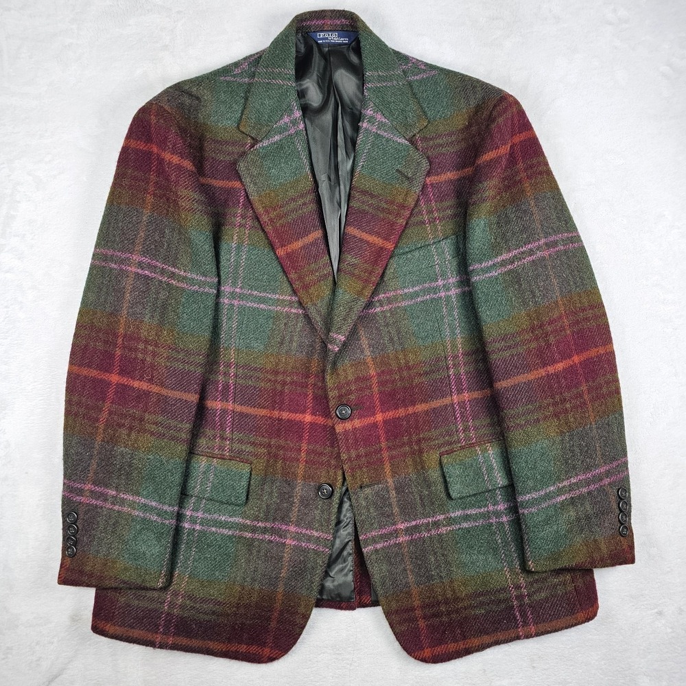 Vtg Polo Ralph Lauren Tartan Plaid Coat 40S Shetland Wool Tweed Ivy Union USA
